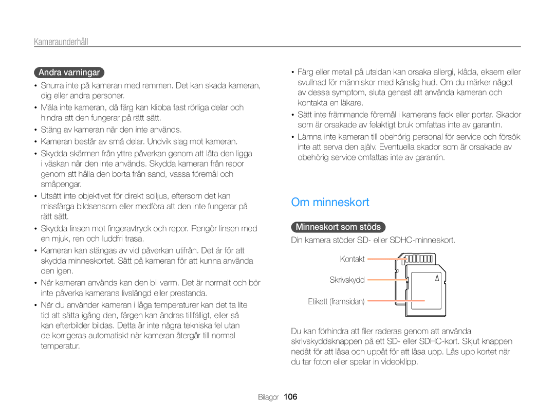 Samsung EC-WB700ZBPBE2, EC-WB700ZBPSE2 manual Om minneskort, Andra varningar, Minneskort som stöds 