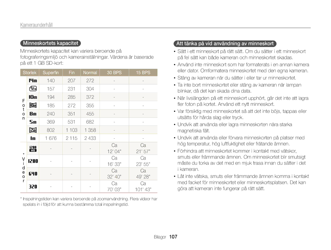 Samsung EC-WB700ZBPSE2, EC-WB700ZBPBE2 manual Minneskortets kapacitet, Att tänka på vid användning av minneskort 