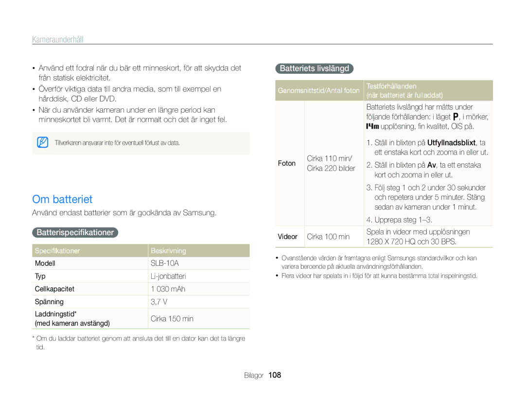 Samsung EC-WB700ZBPBE2, EC-WB700ZBPSE2 manual Om batteriet, Batterispeciﬁkationer, Batteriets livslängd 