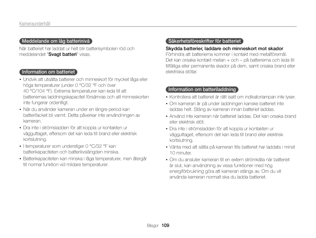 Samsung EC-WB700ZBPSE2 manual Meddelande om låg batterinivå, Information om batteriet, Säkerhetsföreskrifter för batteriet 