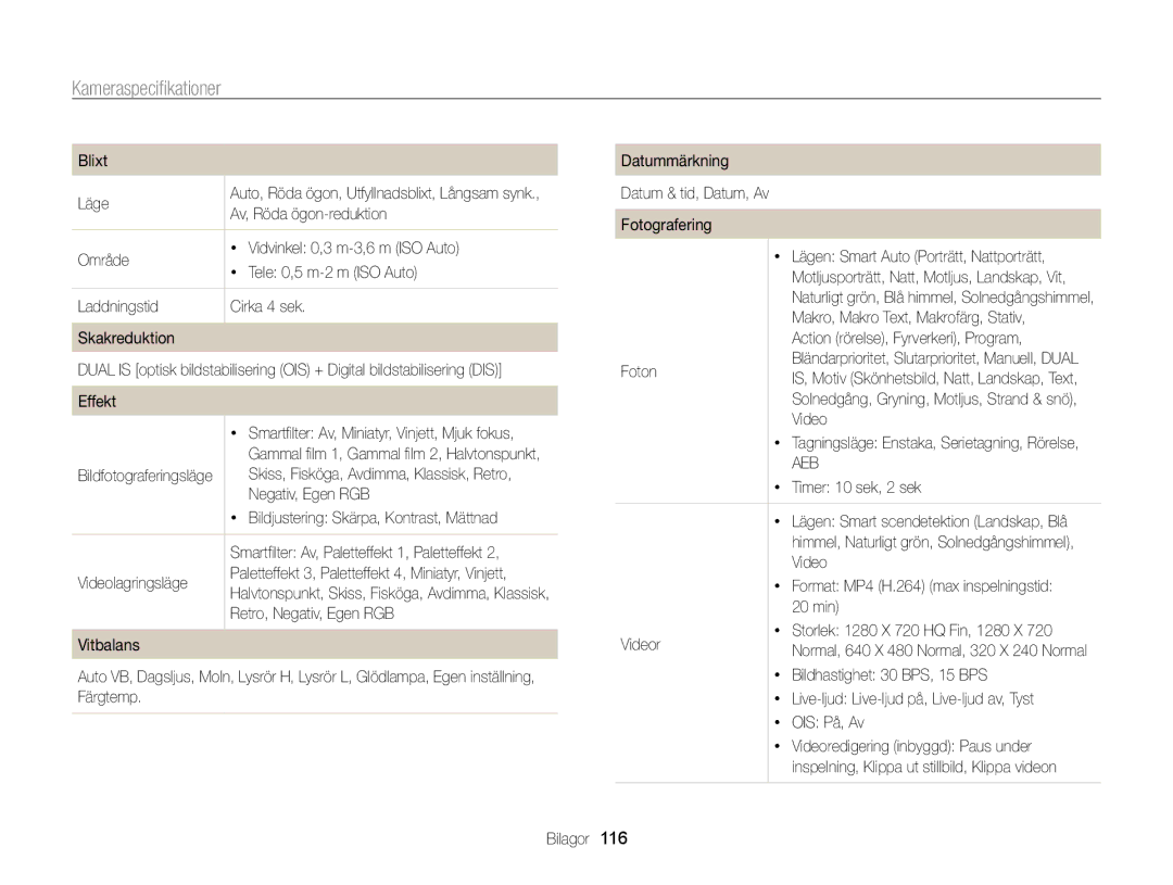 Samsung EC-WB700ZBPBE2, EC-WB700ZBPSE2 manual Kameraspeciﬁkationer 