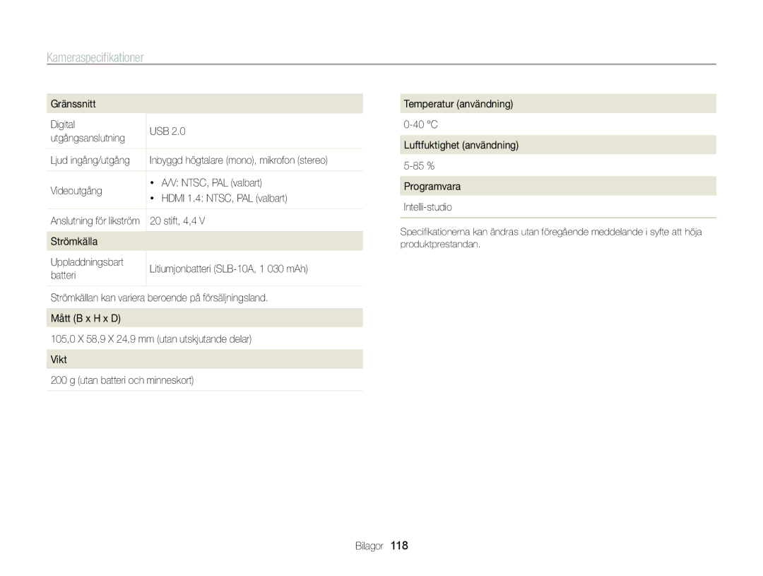 Samsung EC-WB700ZBPBE2 Gränssnitt Digital USB Utgångsanslutning, Videoutgång NTSC, PAL valbart Hdmi 1.4 NTSC, PAL valbart 