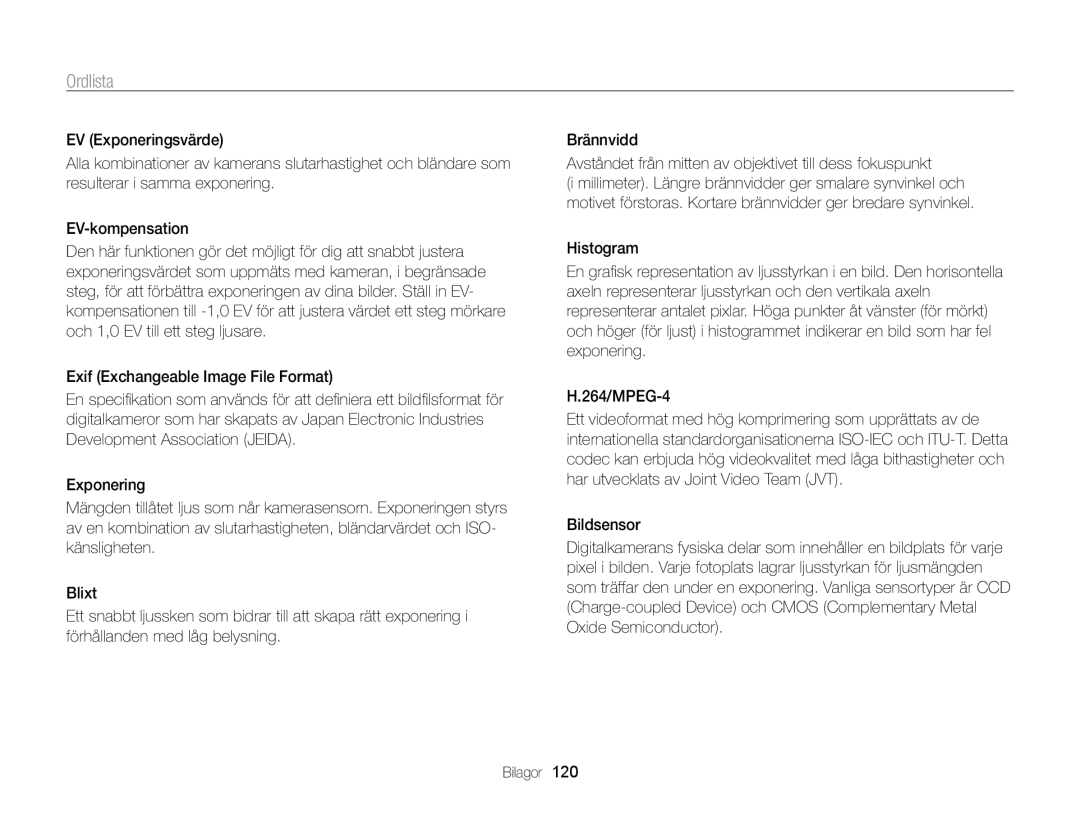 Samsung EC-WB700ZBPBE2, EC-WB700ZBPSE2 manual Ordlista 