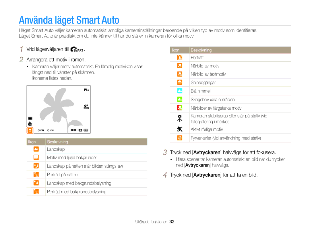 Samsung EC-WB700ZBPBE2, EC-WB700ZBPSE2 Använda läget Smart Auto, Vrid lägesväljaren till S Arrangera ett motiv i ramen 