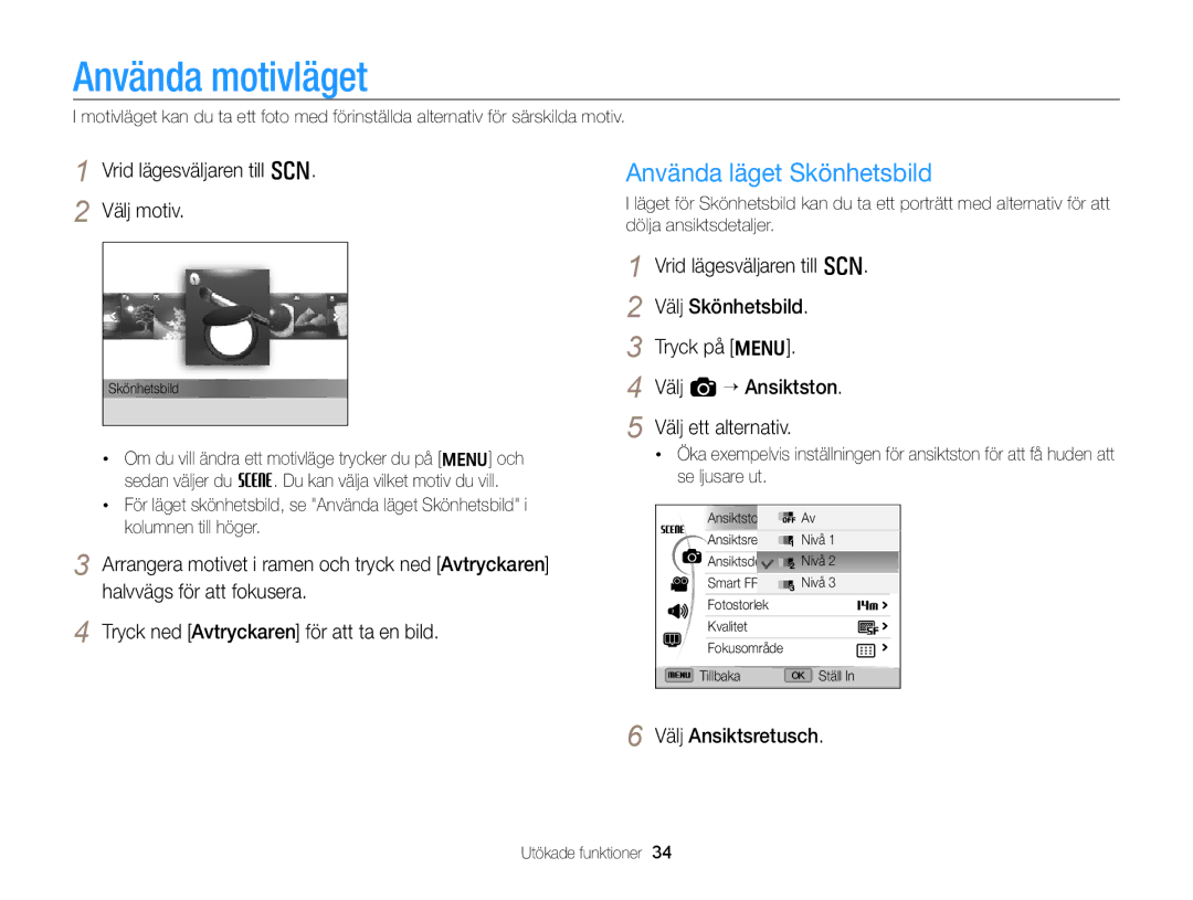 Samsung EC-WB700ZBPBE2 manual Använda motivläget, Använda läget Skönhetsbild, Vrid lägesväljaren till s Välj motiv 