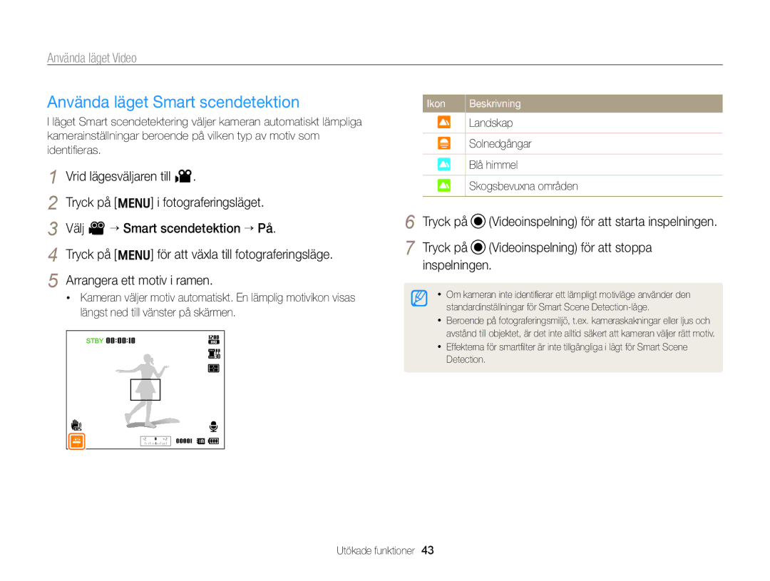 Samsung EC-WB700ZBPSE2, EC-WB700ZBPBE2 manual Använda läget Smart scendetektion, Landskap 