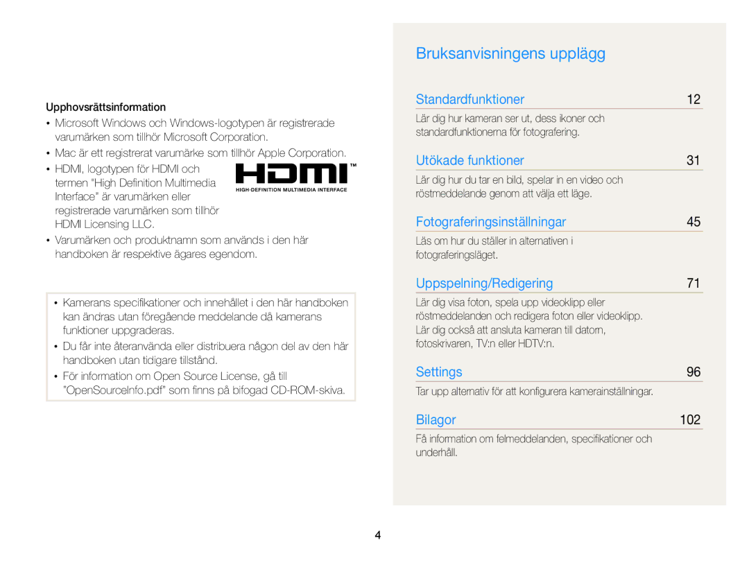 Samsung EC-WB700ZBPBE2, EC-WB700ZBPSE2 manual Bruksanvisningens upplägg, 102 