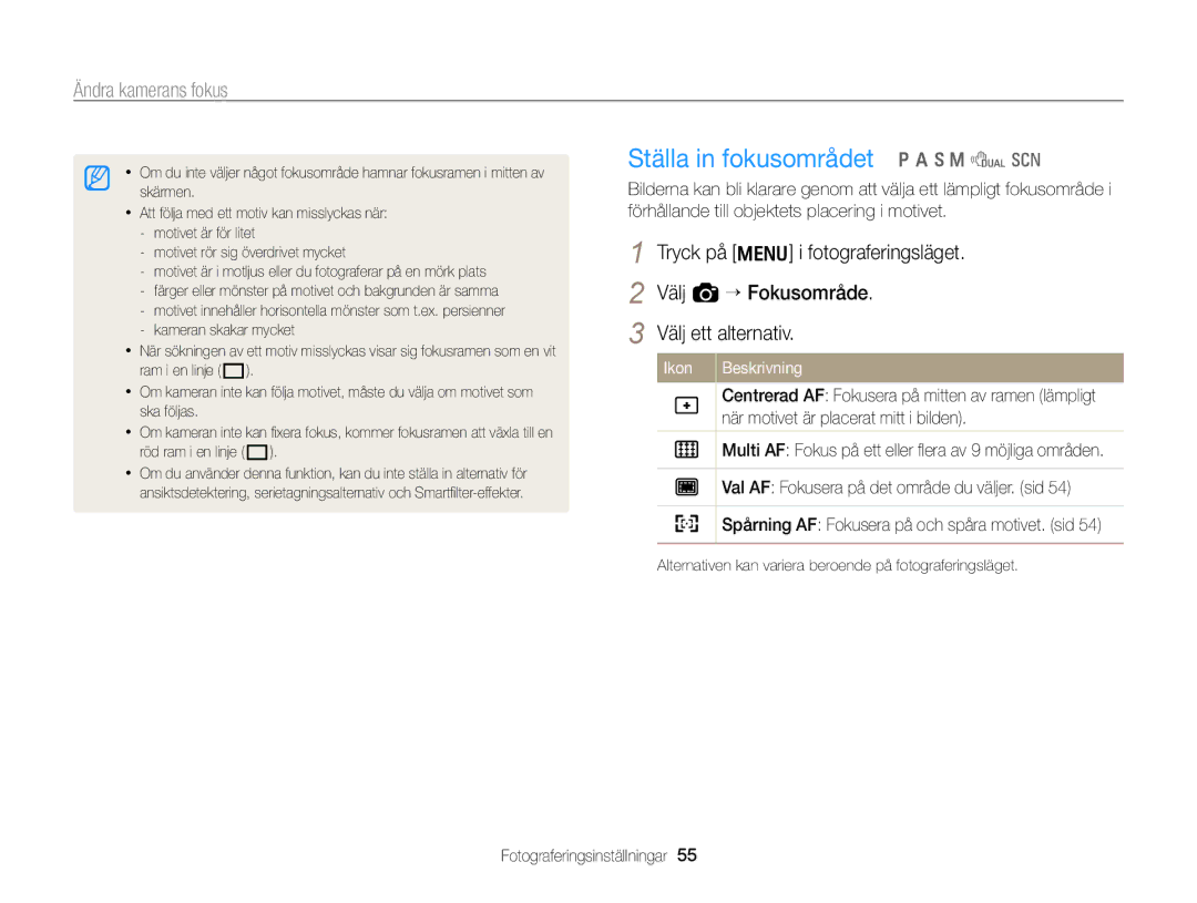 Samsung EC-WB700ZBPSE2, EC-WB700ZBPBE2 manual Ställa in fokusområdet p a h M d s, När motivet är placerat mitt i bilden 