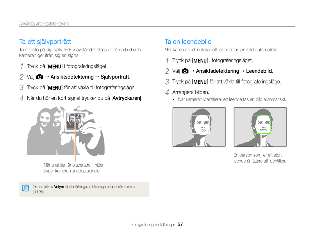 Samsung EC-WB700ZBPSE2, EC-WB700ZBPBE2 manual Ta ett självporträtt, Ta en leendebild, Använda ansiktsdetektering 