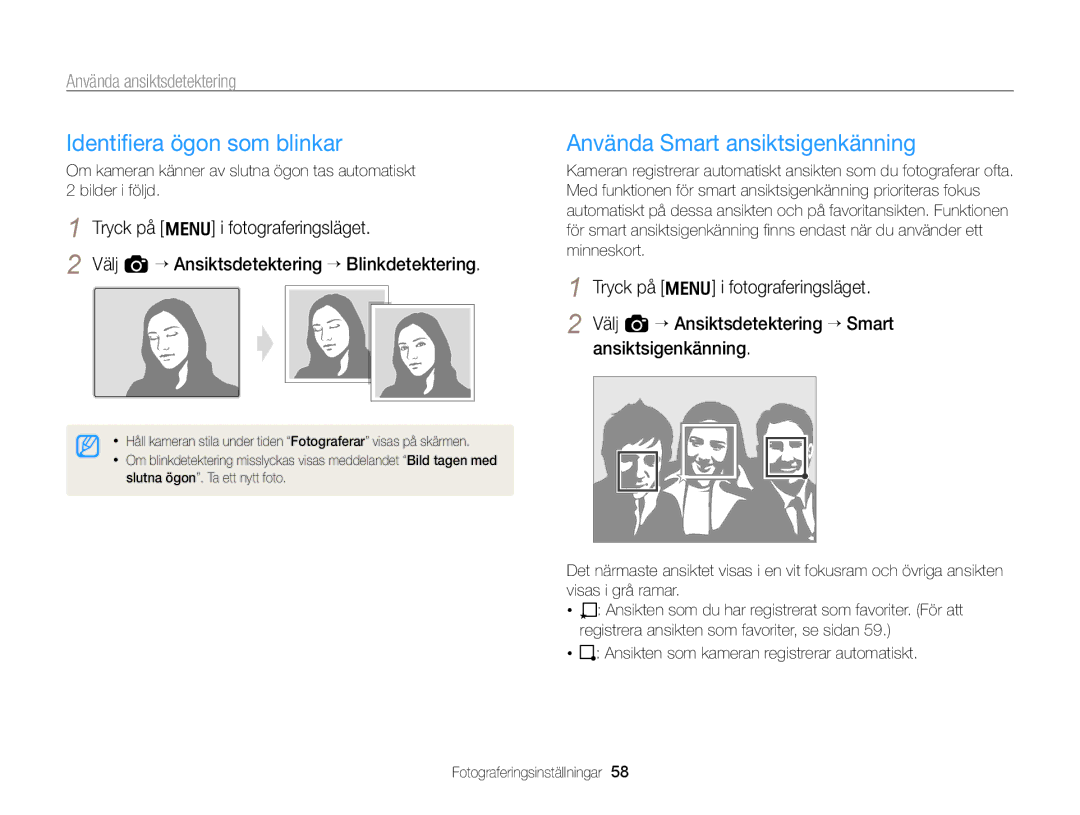 Samsung EC-WB700ZBPBE2, EC-WB700ZBPSE2 manual Identiﬁera ögon som blinkar, Använda Smart ansiktsigenkänning 