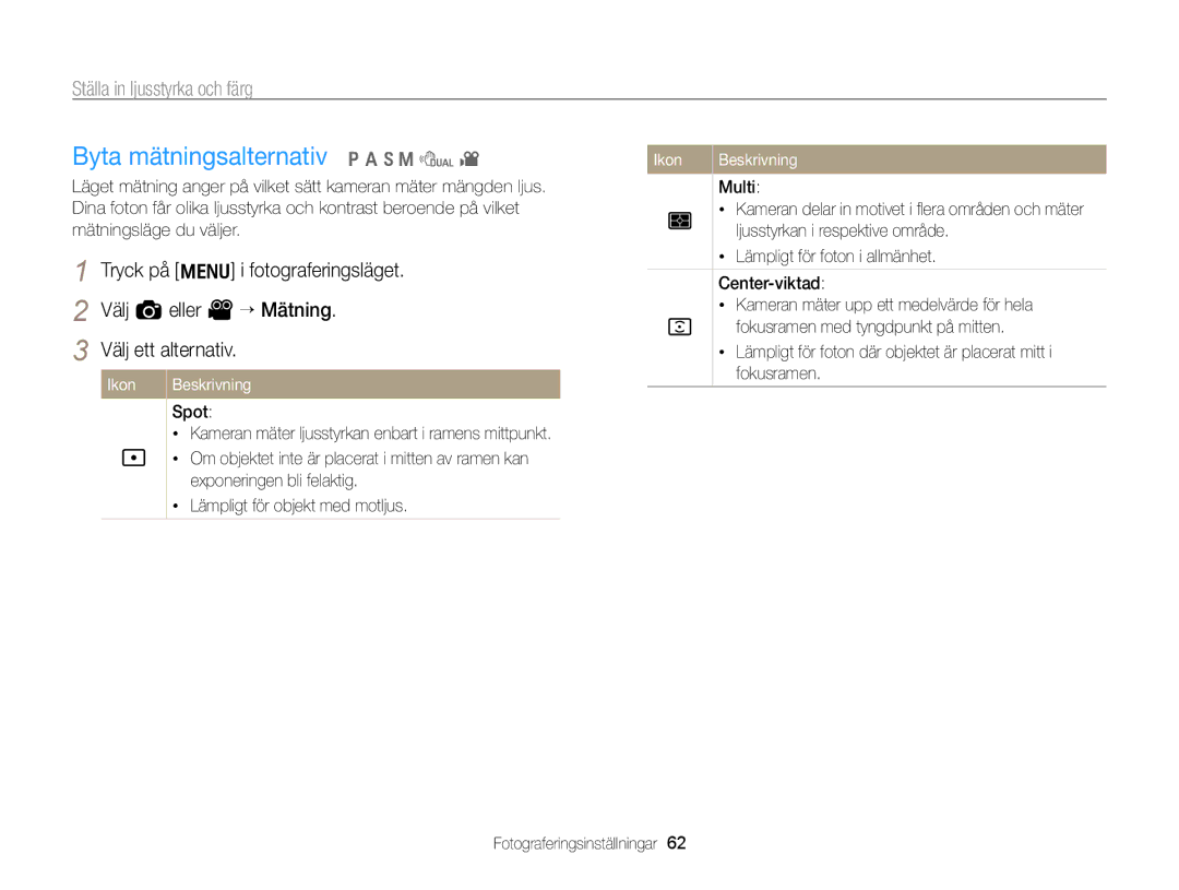 Samsung EC-WB700ZBPBE2 manual Byta mätningsalternativ p a h M d, Ställa in ljusstyrka och färg, Välj a eller V “ Mätning 