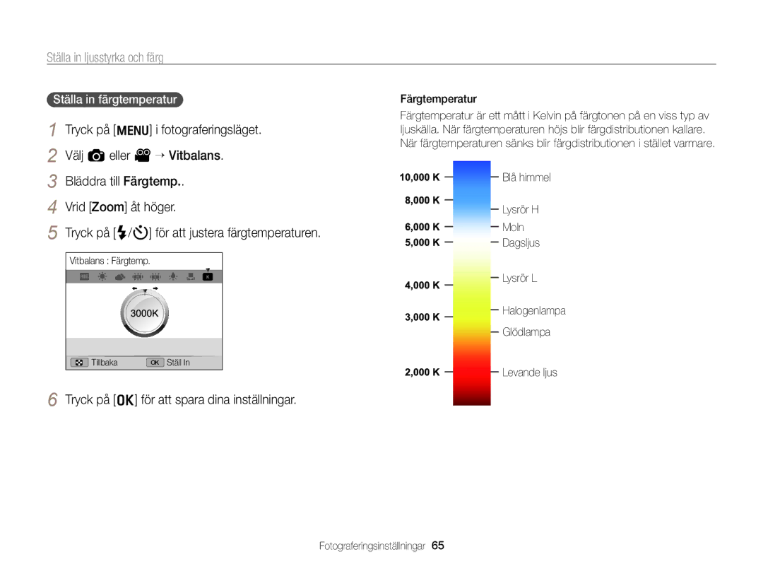 Samsung EC-WB700ZBPSE2, EC-WB700ZBPBE2 manual Ställa in färgtemperatur, Färgtemperatur 