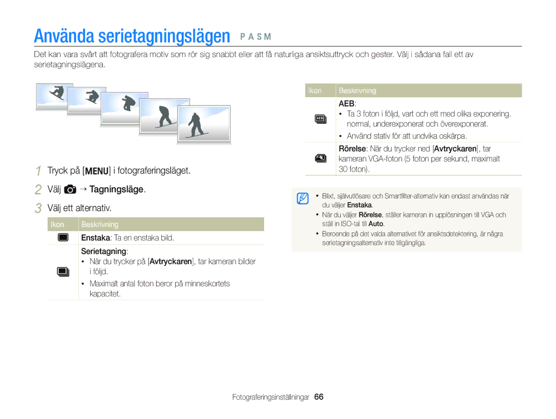 Samsung EC-WB700ZBPBE2, EC-WB700ZBPSE2 Använda serietagningslägen p a h M, Använd stativ för att undvika oskärpa, Foton 