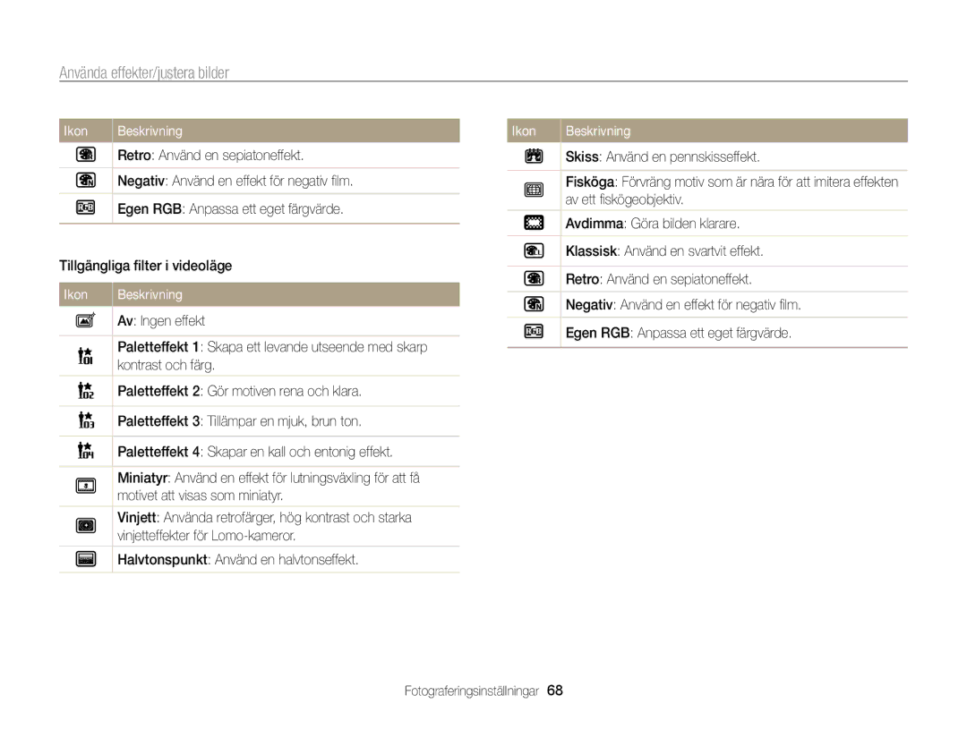 Samsung EC-WB700ZBPBE2, EC-WB700ZBPSE2 manual Använda effekter/justera bilder 
