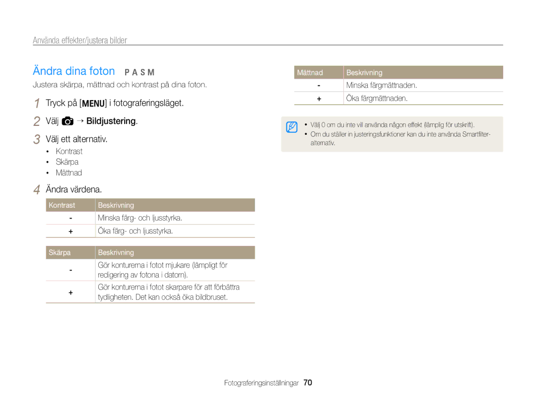 Samsung EC-WB700ZBPBE2, EC-WB700ZBPSE2 manual Ändra dina foton p a h M, Ändra värdena, Kontrast, Skärpa Beskrivning, Mättnad 