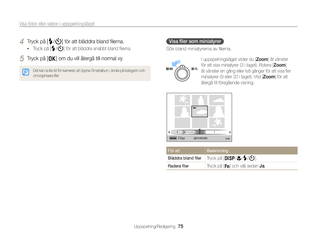 Samsung EC-WB700ZBPSE2 manual Tryck på o om du vill återgå till normal vy, Visa ﬁler som miniatyrer, För att Beskrivning 