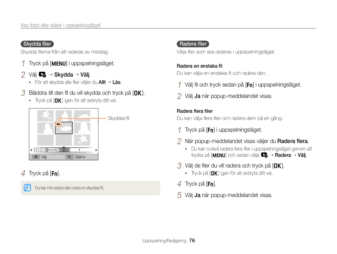 Samsung EC-WB700ZBPBE2, EC-WB700ZBPSE2 manual Tryck på m i uppspelningsläget Välj L “ Skydda “ Välj, Tryck på f 