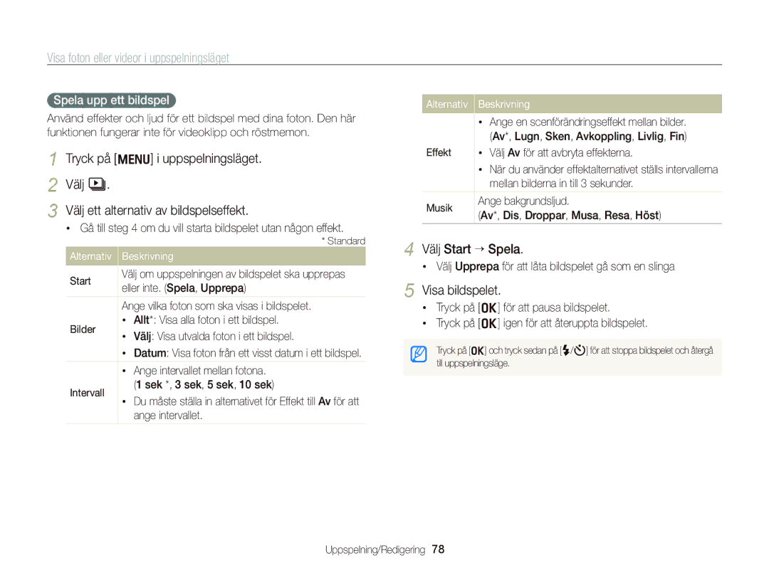 Samsung EC-WB700ZBPBE2, EC-WB700ZBPSE2 manual Välj Start “ Spela, Visa bildspelet, Spela upp ett bildspel 