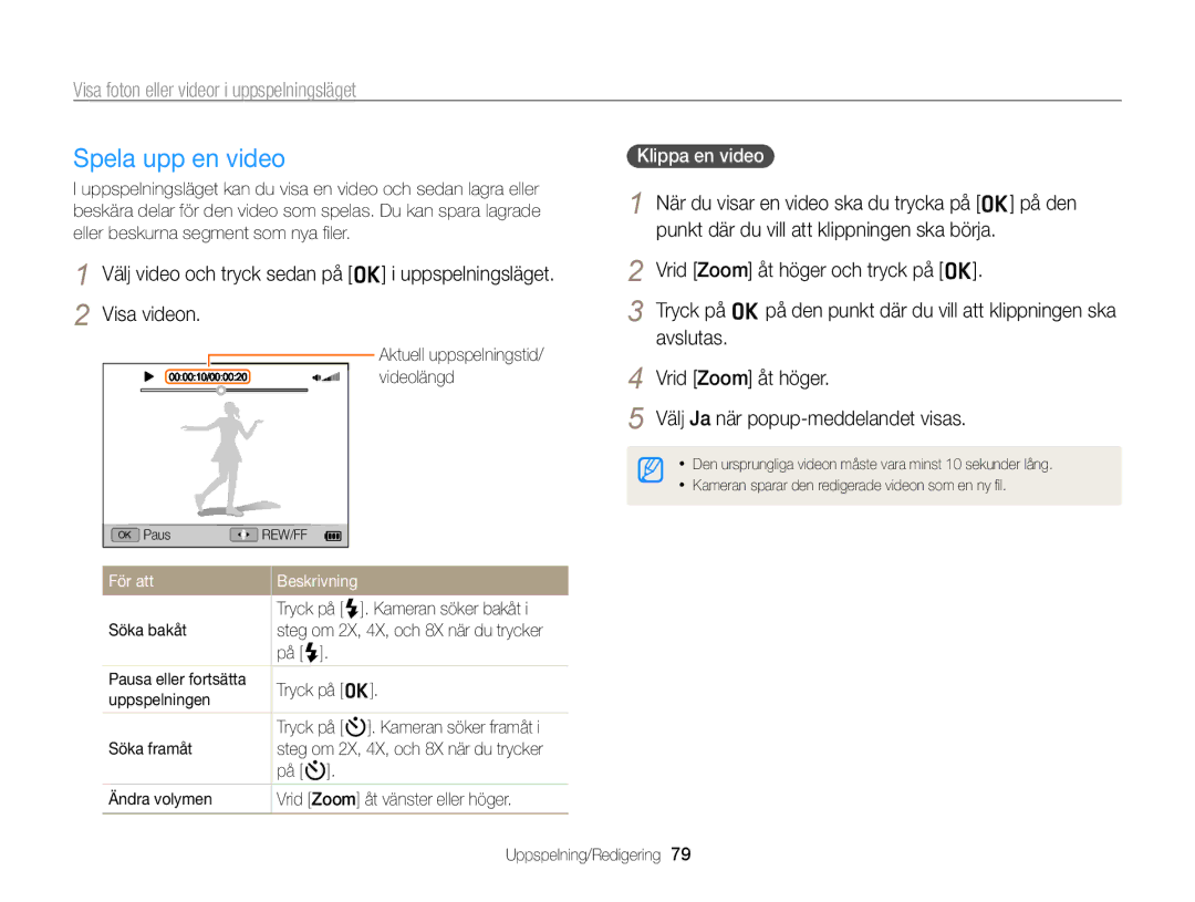 Samsung EC-WB700ZBPSE2, EC-WB700ZBPBE2 manual Spela upp en video, Klippa en video 