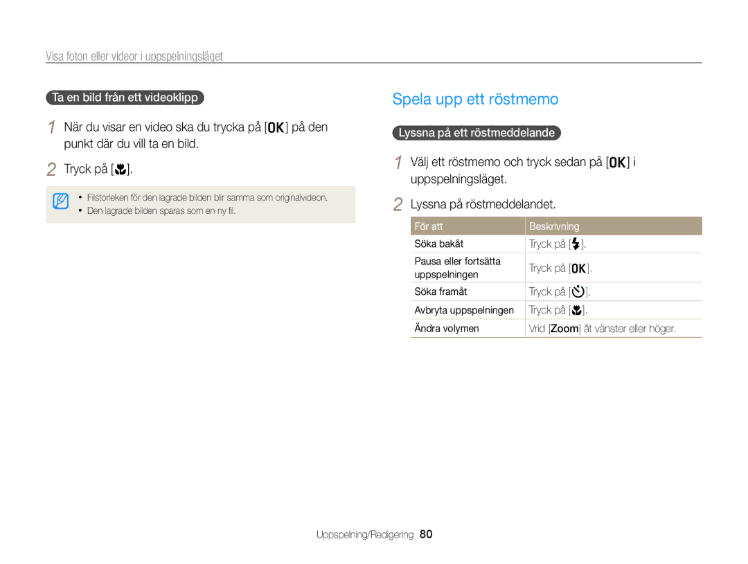 Samsung EC-WB700ZBPBE2 manual Tryck på c, Ta en bild från ett videoklipp, Lyssna på ett röstmeddelande, Ändra volymen 