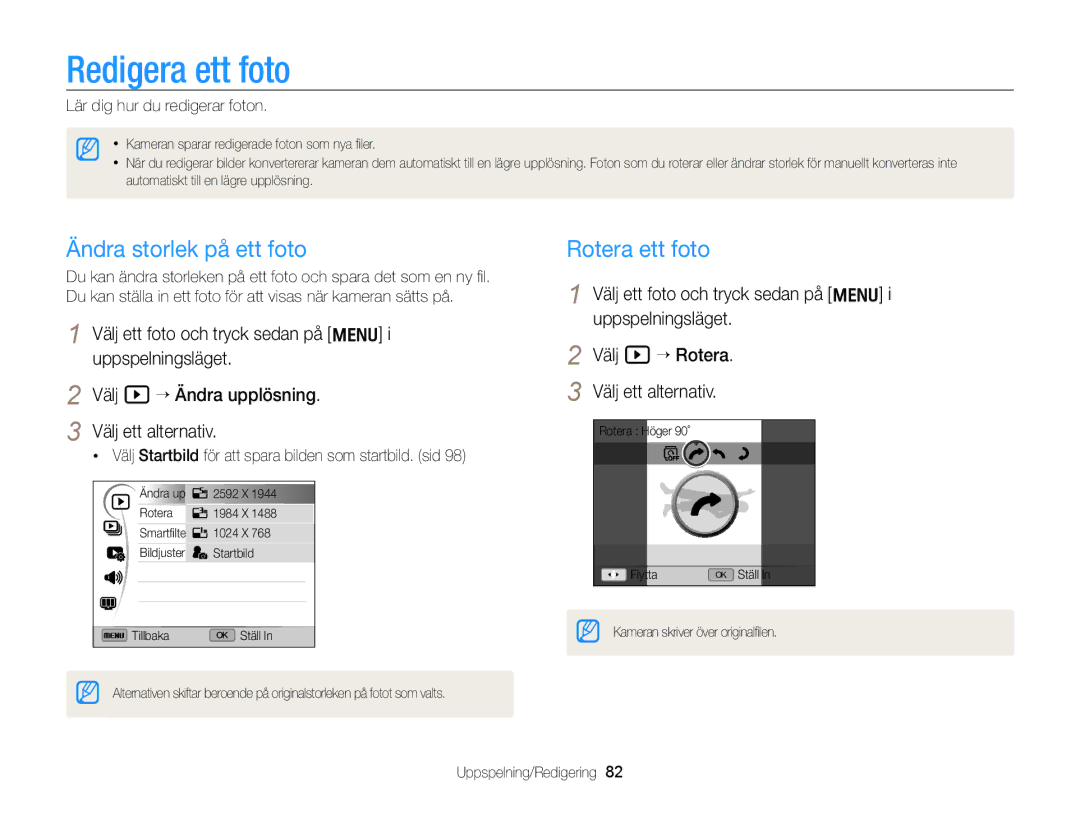Samsung EC-WB700ZBPBE2 manual Redigera ett foto, Ändra storlek på ett foto, Rotera ett foto, Lär dig hur du redigerar foton 