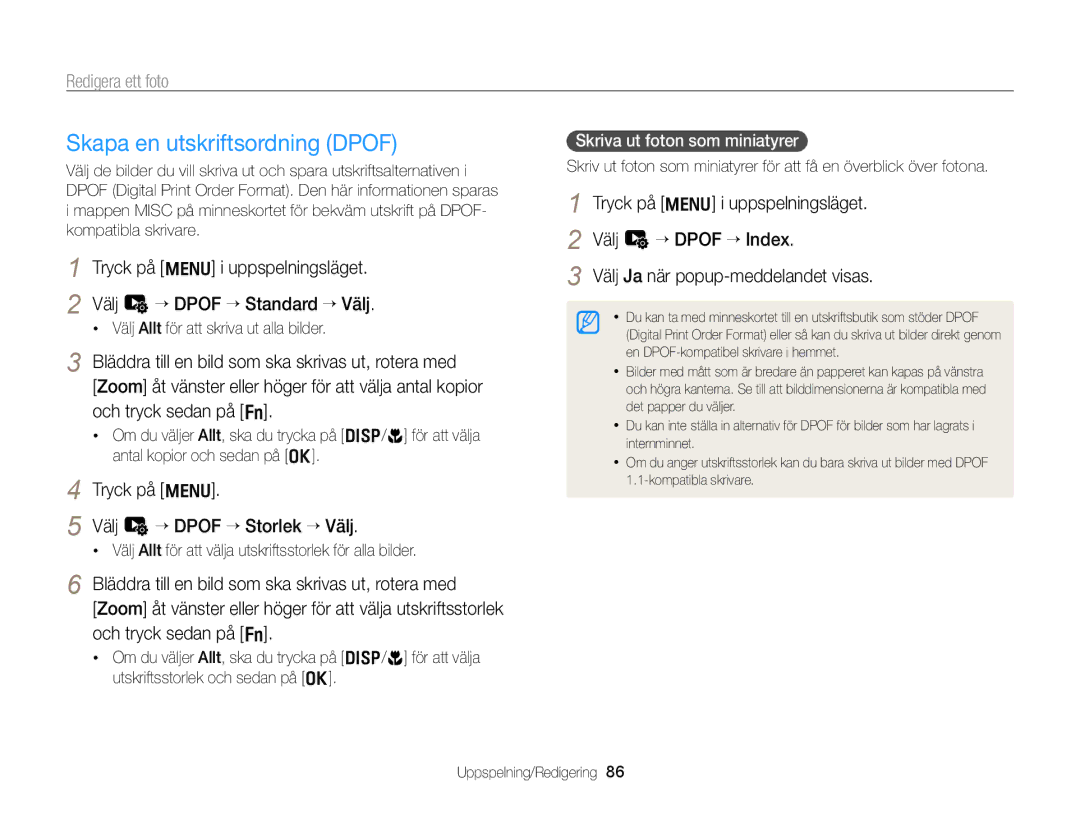 Samsung EC-WB700ZBPBE2, EC-WB700ZBPSE2 manual Skapa en utskriftsordning Dpof, Tryck på m Välj L “ Dpof “ Storlek “ Välj 