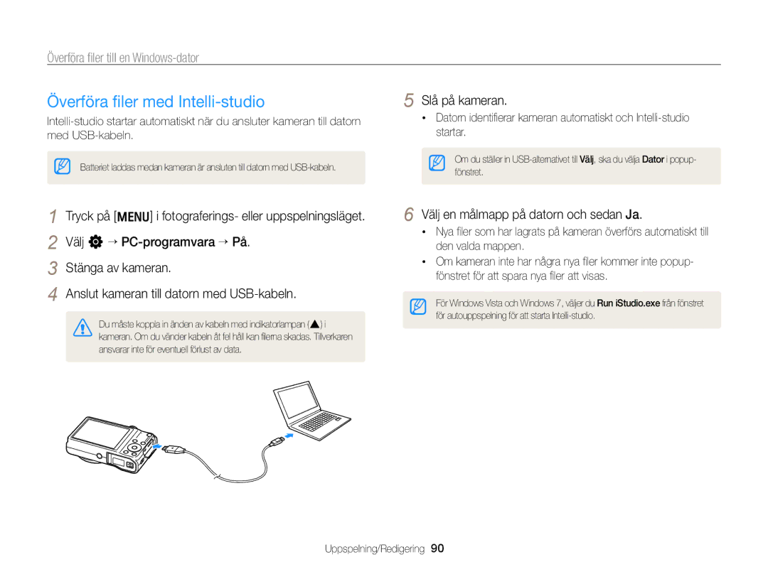 Samsung EC-WB700ZBPBE2 manual Överföra ﬁler med Intelli-studio, Överföra ﬁler till en Windows-dator, Slå på kameran 