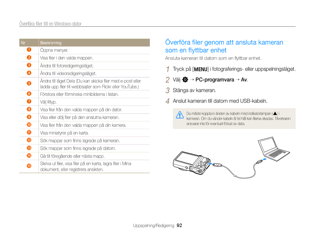 Samsung EC-WB700ZBPBE2, EC-WB700ZBPSE2 manual Överföra ﬁler genom att ansluta kameran som en ﬂyttbar enhet, Öppna menyer 