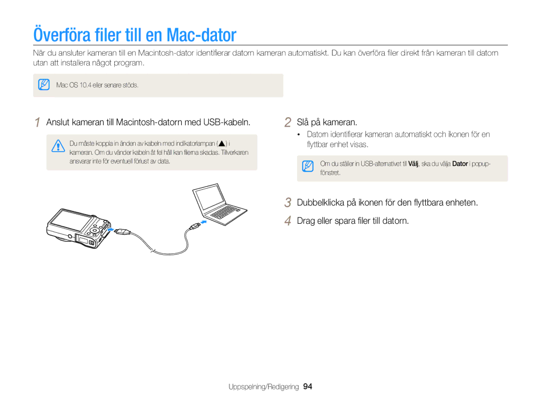 Samsung EC-WB700ZBPBE2 manual Överföra ﬁler till en Mac-dator, Anslut kameran till Macintosh-datorn med USB-kabeln 