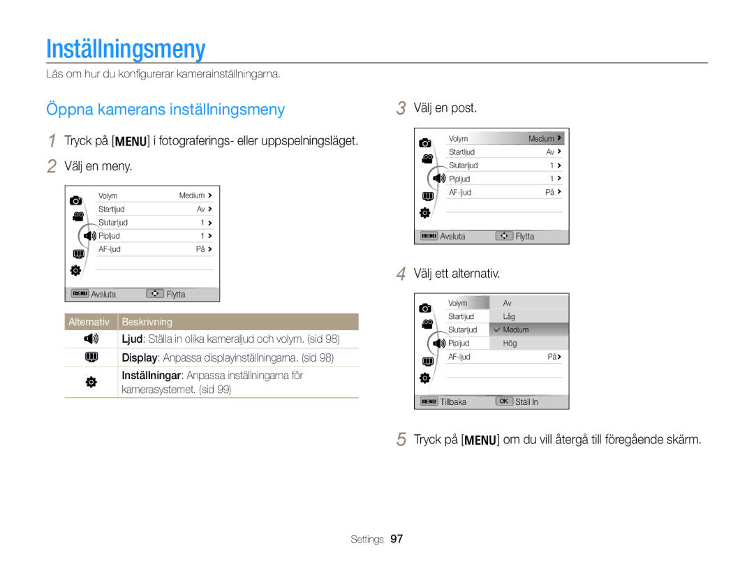 Samsung EC-WB700ZBPSE2, EC-WB700ZBPBE2 manual Inställningsmeny, Öppna kamerans inställningsmeny, Välj en post 