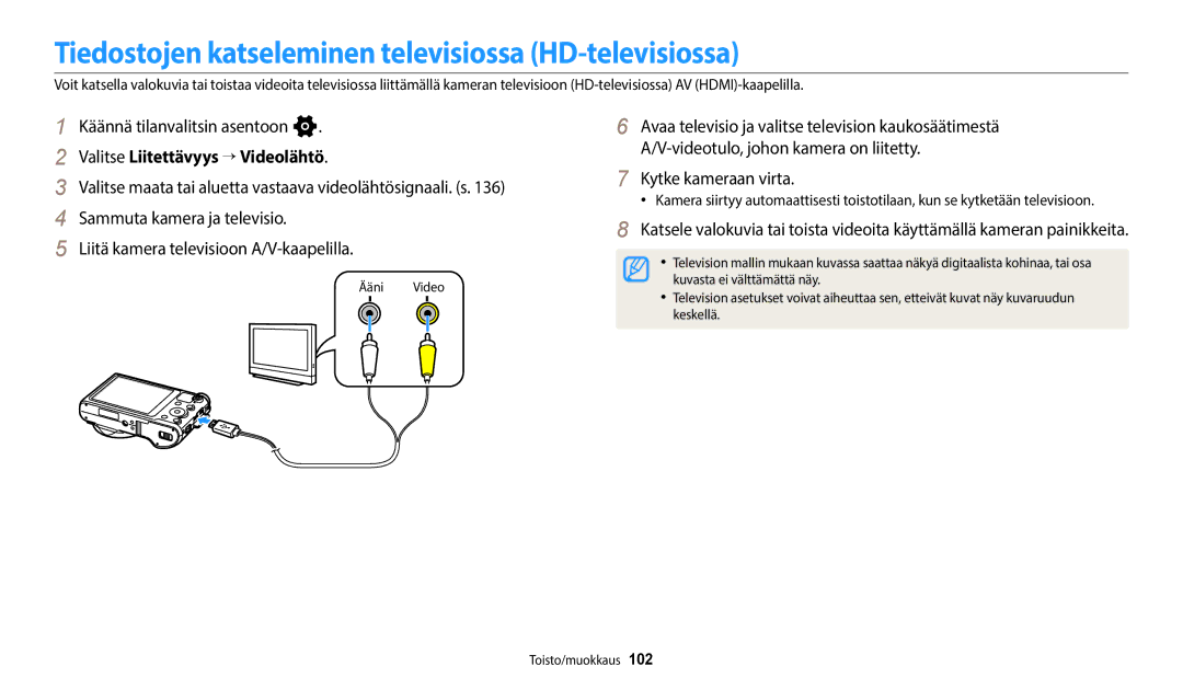 Samsung EC-WB800FBPWE2 manual Tiedostojen katseleminen televisiossa HD-televisiossa, Valitse Liitettävyys “ Videolähtö 