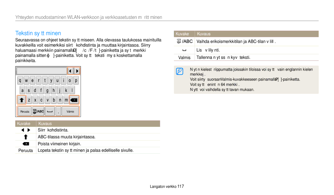 Samsung EC-WB800FFPWE2, EC-WB700ZBPSE2, EC-WB800FBPWE2, EC-WB700ZBPBE2, EC-WB800FBPBE2 Tekstin syöttäminen, Kuvake Kuvaus 