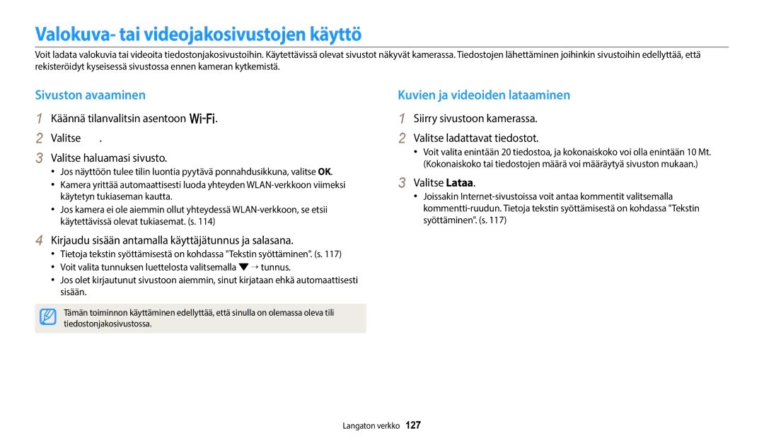 Samsung EC-WB700ZBPBE2 manual Valokuva- tai videojakosivustojen käyttö, Sivuston avaaminen, Kuvien ja videoiden lataaminen 