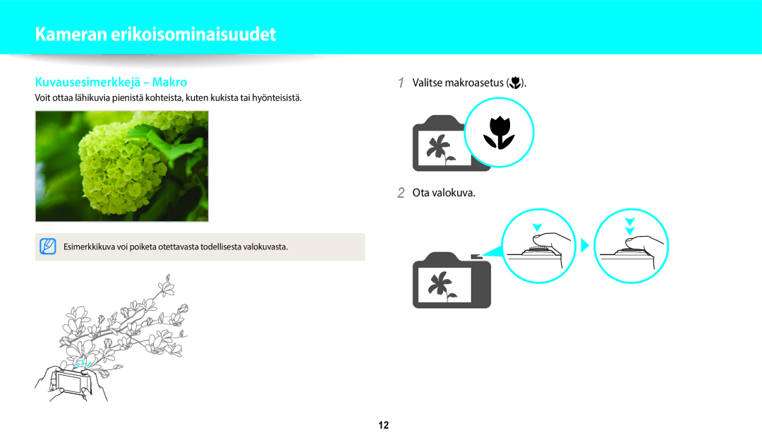 Samsung EC-WB800FBPWE2, EC-WB700ZBPSE2, EC-WB700ZBPBE2 manual Kuvausesimerkkejä Makro, Valitse makroasetus Ota valokuva 