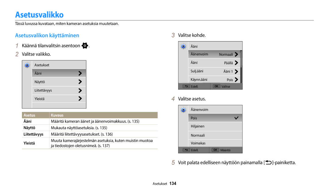 Samsung EC-WB800FBPBE2 manual Asetusvalikko, Asetusvalikon käyttäminen, Käännä tilanvalitsin asentoon n Valitse valikko 