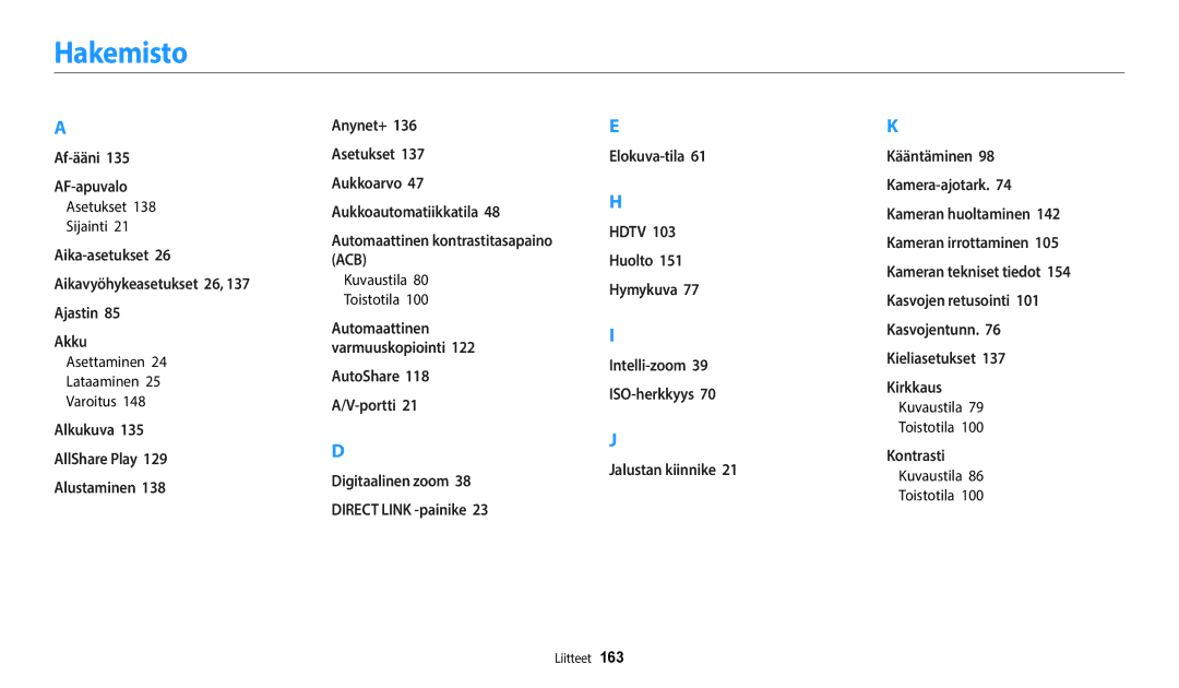 Samsung EC-WB700ZBPBE2 manual Hakemisto, Asetukset Sijainti, Asettaminen Lataaminen Varoitus, Kuvaustila Toistotila 