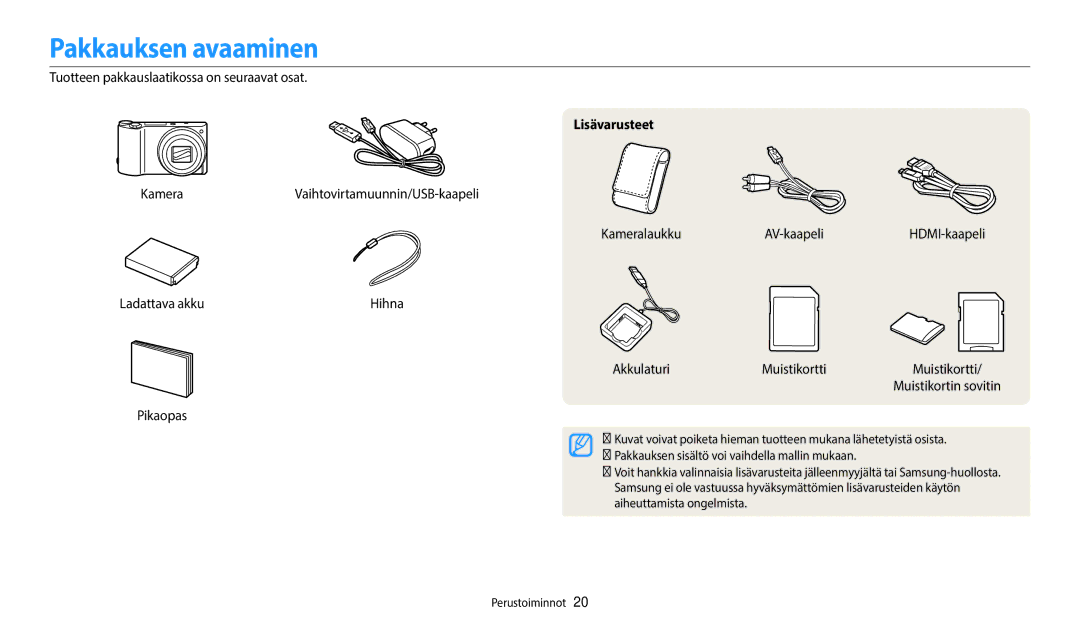 Samsung EC-WB800FBPBE2, EC-WB700ZBPSE2, EC-WB800FBPWE2, EC-WB700ZBPBE2, EC-WB800FFPWE2 Pakkauksen avaaminen, Lisävarusteet 