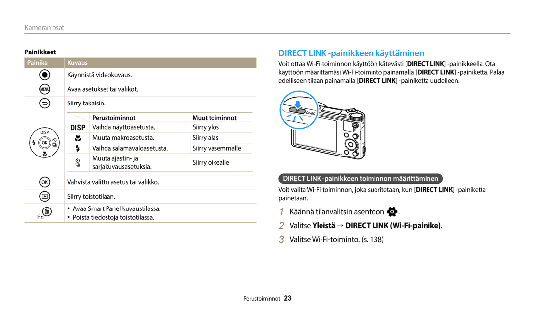 Samsung EC-WB700ZBPSE2 Direct Link -painikkeen käyttäminen, Käännä tilanvalitsin asentoon n, Valitse Wi-Fi-toiminto. s 