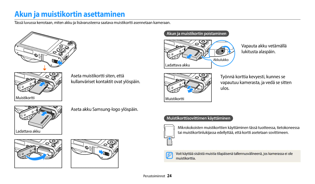 Samsung EC-WB800FBPWE2, EC-WB700ZBPSE2, EC-WB700ZBPBE2 Akun ja muistikortin asettaminen, Aseta akku Samsung-logo ylöspäin 