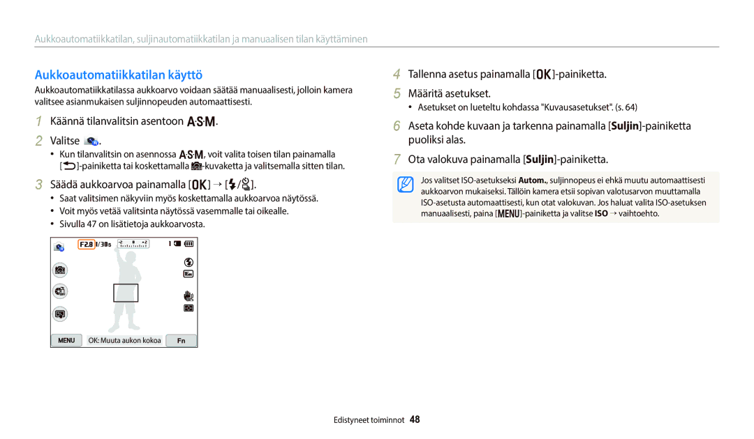 Samsung EC-WB800FBPWE2, EC-WB700ZBPSE2 manual Aukkoautomatiikkatilan käyttö, Käännä tilanvalitsin asentoon G Valitse 