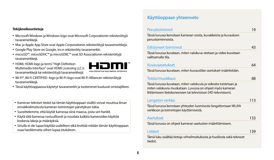 Samsung EC-WB700ZBPSE2, EC-WB800FBPWE2, EC-WB700ZBPBE2 manual Käyttöoppaan yhteenveto, 113, 133, 139, Tekijänoikeustietoja 