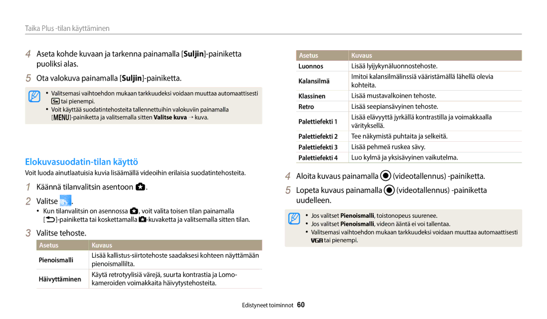 Samsung EC-WB800FBPWE2, EC-WB700ZBPSE2, EC-WB700ZBPBE2, EC-WB800FBPBE2 manual Elokuvasuodatin-tilan käyttö, Palettiefekti 