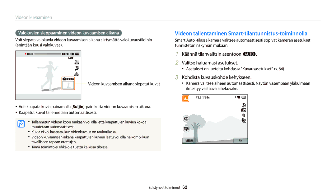 Samsung EC-WB800FBPBE2, EC-WB700ZBPSE2, EC-WB800FBPWE2, EC-WB700ZBPBE2 Videon tallentaminen Smart-tilantunnistus-toiminnolla 