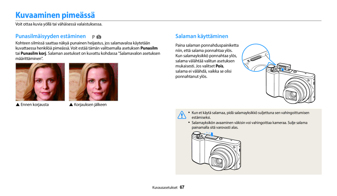 Samsung EC-WB700ZBPBE2, EC-WB700ZBPSE2 manual Kuvaaminen pimeässä, Punasilmäisyyden estäminen p s, Salaman käyttäminen 