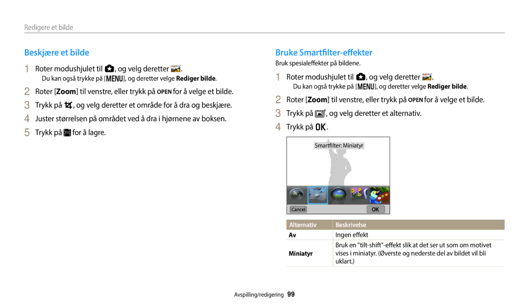 Samsung EC-WB800FFPWE2 manual Beskjære et bilde, Bruke Smartfilter-effekter, Bruk spesialeffekter på bildene, Ingen effekt 