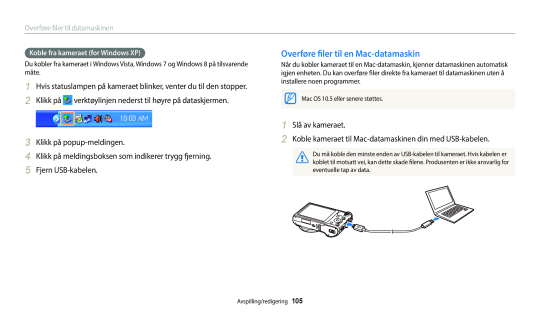 Samsung EC-WB800FFPWE2, EC-WB700ZBPSE2 manual Overføre filer til en Mac-datamaskin, Koble fra kameraet for Windows XP 