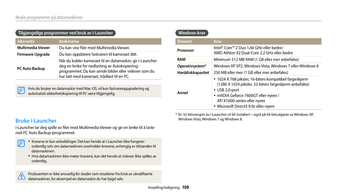 Samsung EC-WB800FBPWE2 manual Bruke i-Launcher, Tilgjengelige programmer ved bruk av i-Launcher, Windows-krav, Element Krav 