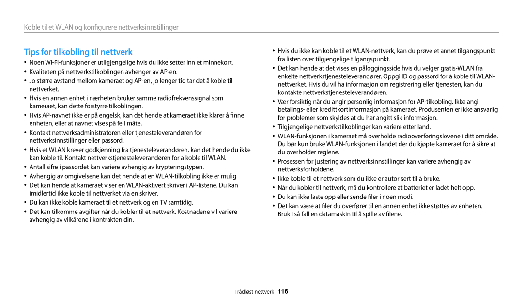 Samsung EC-WB800FBPBE2, EC-WB700ZBPSE2, EC-WB800FBPWE2, EC-WB700ZBPBE2, EC-WB800FFPWE2 manual Tips for tilkobling til nettverk 
