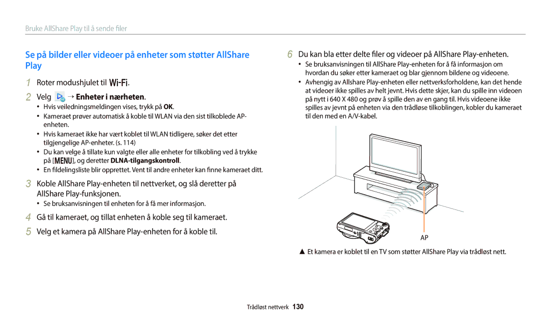 Samsung EC-WB800FFPBE2 manual Se på bilder eller videoer på enheter som støtter AllShare, Play, “ Enheter i nærheten 