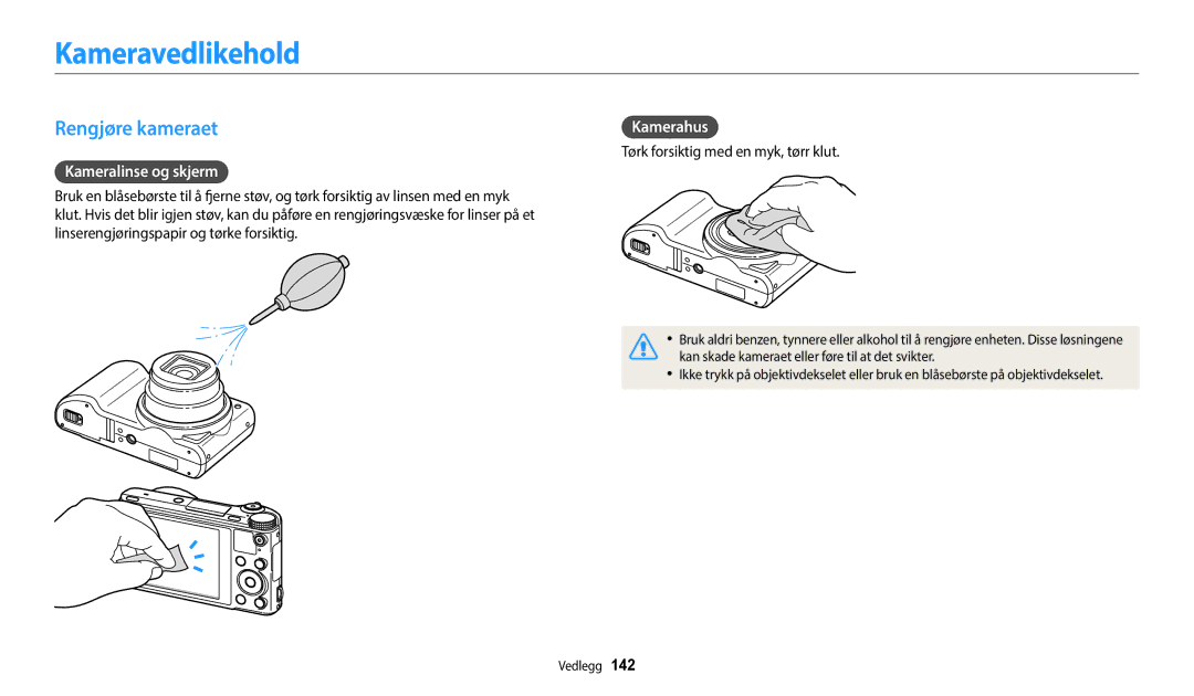 Samsung EC-WB800FFPBE2, EC-WB700ZBPSE2 manual Kameravedlikehold, Rengjøre kameraet, Kameralinse og skjerm, Kamerahus 